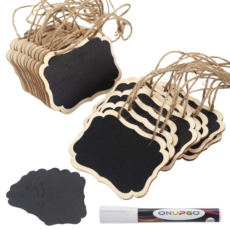 ONUPGO 20 Pack Chalkboard Tags with Liquid Chalk Marker, Double Sided Blackboard with Hanging String, Wooden Mini Erasable Chalkboard Signs, Hanging Chalkboard Labels, Price Tags, Message Tags - Image 1